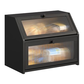 BMOSU Large Double Layer Bread Box for Kitchen Countertop, Bamboo Wood Capacity Bin Storage (Black)