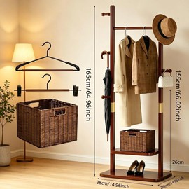Solid Wood Coat Rack Freestanding, Heavy Duty Clothing Rack Stand, 2 Shelves 5 Hooks, Walnut Wood Clothes Rack for Entryway Bedroom,Living Room, Office Hotel (Bonus Hanger Pants Clip & Storage Basket)