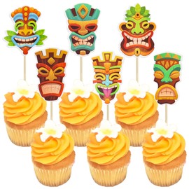 Gyufise 36Pcs Tiki Tribal Masks Cupcake Toppers Hawaiian Tropical Tiki Totem Cupcake Picks Summer Hawaiian Aloha Tropical Birthday Cupcake Decorations Party Supplies