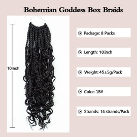 Coolbeeza 10 Inch 8 Packs Box Braids Crochet Hair with Curly Ends Goddess Box Braids Boho Crochet Braids Soft Net Synthetic Pre Looped Hair Extensions for Women Kids(1B)