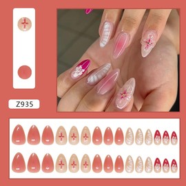 Flower Press on Nails Short Almond Fake Nails with Designs 3D Floral False Nails French Tip Glossy Full Cover Acrylic Nails Pearls Glue on Nail Artificial Stick on Nails for Women Manicure 24 Pcs