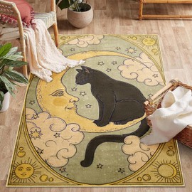 Estmy Washable Celestial Cat Rug, Vintage Retro Abstract Whimsical Mystical Zodiac 5x7 Area Rugs Carpet for Bedroom Dining Living Room Dorm Entryway Kitchen, Thin Pile Cute Animal Carpet