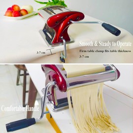 XINGYUEXUAN Pasta Maker with 2mm & 4mm Cutters, Manual Noodle Making & Dough Pressing Roller Machine 2-in-1 for Family & Homemade Use Stainless Steel Red