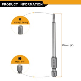 sourcing map 5pcs H2.5 Hex Head Drill Bit Wrench 2.5mm Metric Flat Tip 1/4" Hex Shank 100mm (4") Long Magnetic Hexagonal Screw Driver Socket Industrial Screwdriver Power Bits