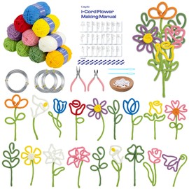 Caydo i Cord Flower Making Kit with 20 Flowers & 4 Leaves Templates, 10pcs Yarn and 82ft Craft Wire Kits for Beginner, DIY Florals Handicraft Making Kit, Learn to Knitting iCord with i Cord Maker Tool