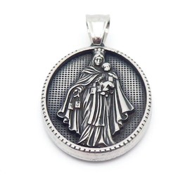 Bungsa Kettenanhänger Amulett Medallion heilige Motive 3D Effekt Silber aus Edelstahl Unisex - Jungfrau Maria mit Jesuskind
