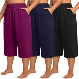 Neer 3 Pack Women Plus Size Capris Cotton Wide Leg Cropped Pants Casual Elastic Waist Loose Fit Lounge Sweatpants with Pocket(Black, Fuchsia, Navy Blue,XX-Large)