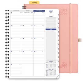 POPRUN 2025-2026 Monthly Planner Spiral Bound, 8.5'' x 11.25'' Academic Calendar (July 2025-July 2026) Appointment Book with Stair Tabs, Leather Cover, 4 Pages per Month with Notes - Soft Pink