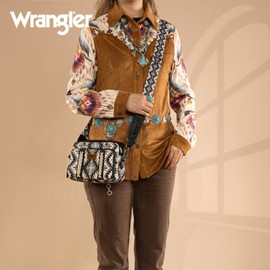 Wrangler Crossbody Bag for Women Boho Aztec Small Western Crossover Bag with Wide Guitar Strap Gift Black WG2207-3007BK