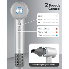 Fentgo Hair Dryer with Diffuser - High-Speed Ionic Low Noise Blow Dryer for Fast Drying, 2 Speeds & 4 Temps Thermo-Control, Lightweight & Quiet Hairdryer for Home & Travel