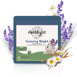 HerbLight 15 Night Calming Time Tea Bags, Sleep Tea For Bedtime Extra Strength With Organic Ashwagandha & Chamomile Lavender, Caffeine-Free Bedtime Time Tea, Calming Herbal Tea For Sleeping At Night