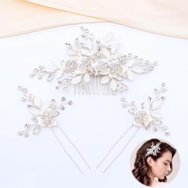 Lyfengdeam Bridal Headpieces Hair Combs3 pieces，Handmade Hair Comb Set Flower Pearl Hair Barrettes，Sparkly floral hair accessories (Silver)