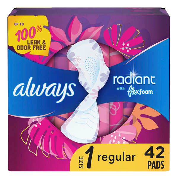 Always Radiant FlexFoam Pads for Women, Size 1, Regular Absorbency, up to 100% Leak & Odor Free Protection, with Wings, Scented, 42 Count