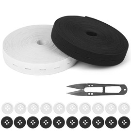 ZMDMAH 2 Rolls of 14 m Elastic Band with Button Eyelets, Elastic Band Width 20 mm and 20 Buttons with Scissors, Elastic Elastic Band Sewing for Trouser Skirt, Headband, Buttons, Waist Tensioner for