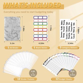 MATHARAGO Budget Binder, Cash Envelopes for Budgeting, Money Organizer for Cash, 12Pcs Budget Binder with Cash Envelopes, Marble 6-Ring Money Saving Binder (Grey)