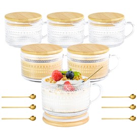 Icesip 14oz 6 Pack Mugs Vintage Hobnail Overnight Oats Glass Containers with Bamboo Lids Spoons Handle Sealing Ring for Cappuccino Latte Cereal Yogurt