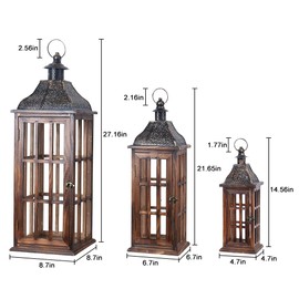DECORKEY Large Farmhouse Wooden Metal Lantern Set of 3, 27''/22''/15'' H Rustic Decorative Indoor & Outdoor Hanging Candle Lanterns, Wooden Outdoor Lanterns for Patio Front Porch Table, Brown