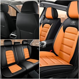 Iceleather Car Seat Covers for Volkswagen Jetta SportWagen 2011-2014,Waterproof Soft Breathable PU Leather Seat Cover with Storage Pockets(Black&Orange,Full Set)