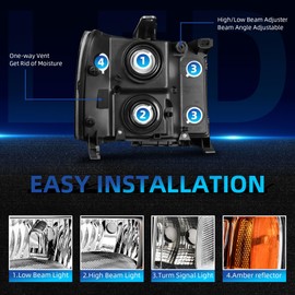 LEDKINGDOMUS Headlight Assembly Compatible with 2007-2013 GMC Sierra 1500/2007-2014 GMC Sierra 2500 HD/3500 HD Headlamp Replacement Black Housing