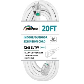 HONDERSON 20FT 12/3 Lighted Outdoor Extension Cord - 12 Gauge 3 Prong SJTW Heavy Duty White Extension Cable with 3 Prong Grounded Plug for Safety,UL Listed