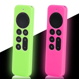 LEFXMOPHY Silicone Case for Apple TV Remote Cover 4K Siri Control 2nd Gen 2021 2022 2023 2024 3rd Generation, 2-Pack Green and Hot Pink Sleeve Glow in Dark with Lanyard