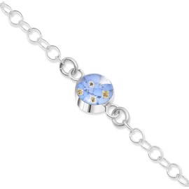 Shrieking Violet 925 Sterling Silver Round Link Real Flower Chain Bracelet - Forget-Me-Not (Blue)
