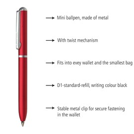 Online mini twist ballpoint pen Red with metal clip standard pen refill small pens for the purse 8 cm length, fits into wallets & small bags biro with black writing color