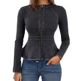 Lynroxia Casual Denim Peplum Jacket for Women Long Sleeve Zip Front Athletic Workout Ruffle Blazer Coats Black Grey L