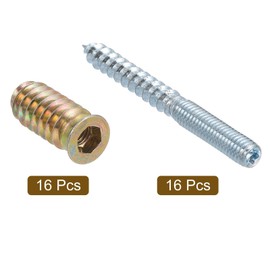 TOP-VIGOR 16Pcs M6x60mm Hanger Bolts, 31mm Wood Dowel Screw Self-Tapping Screw with M6x24mm Threaded Insert Nuts Interface Hex Socket Drive for Joint Furniture Legs