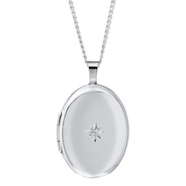 Sterling Silver Oval Polished Locket with Genuine Diamond, 18"
