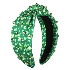 PHALIN St. Patrick’s Day Headband for Women Green Lucky Shamrock Headband Embellished Rhinestone Crystal Pearl Knotted Headband St. Patrick’s Day Hair Accessories Irish Holiday Gifts (Shamrock 3)
