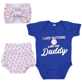 J&J Boutiques Baseball Blue Onesie + Bummies & 7" Bow Headwrap - 12 months