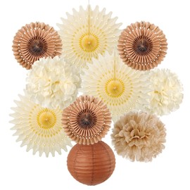 SUNBEAUTY 9 Beige Pompoms Decorative Lanterns Brown Cream Paper Fan Party Decoration for Birthday Wedding Decoration Vintage Room Decoration Baby Shower