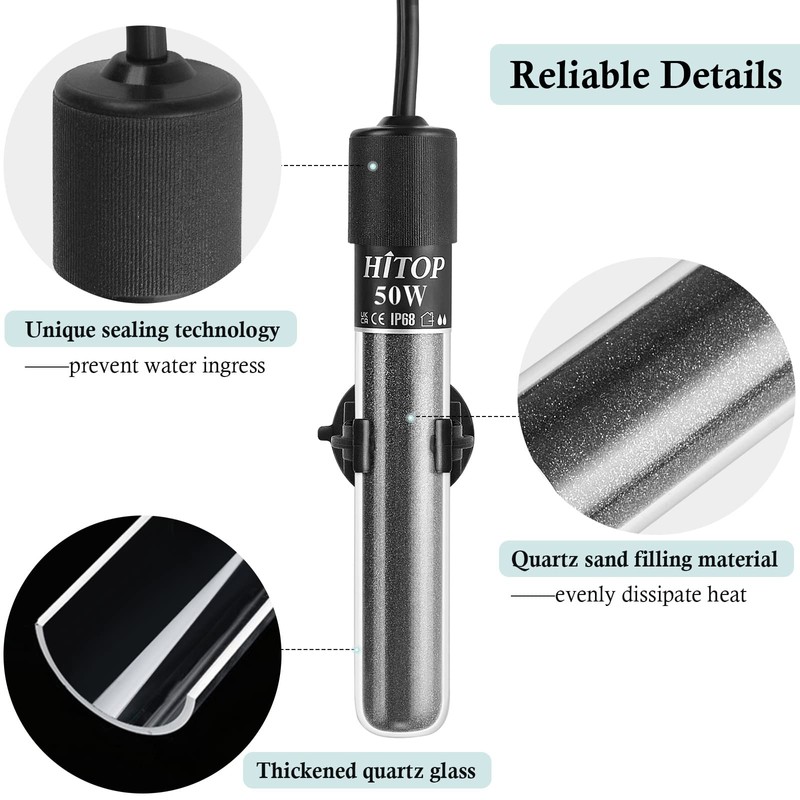 HITOP Mini Submersible Aquarium Heater - 50W Digital Heater for