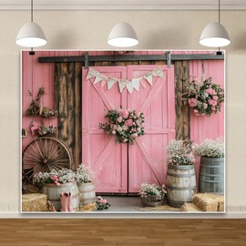 Meiguiman 10x8ft Pink Rustic Barn Backdrop - Spring Flower Decor - Western Cowboy Party Decorations - Wedding & Birthday Party - Photo Studio Props