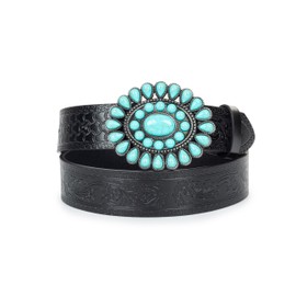 UTOWO Western Cowgirl Belt for Women,Vintage Engraved Tooled Leather Belt Turquoise Cowboy Country Belt