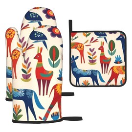 YYHHAOFA Kitchen Baking Set of 3 - Durable Waterproof Oven Mitts and Pot Holder Set for Anti-Scalding and Heat Insulation Cartoon Otomi Animals Prints