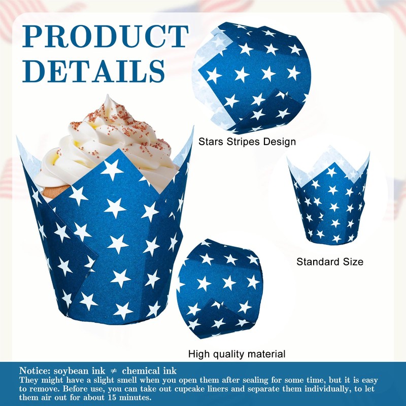 JarThenaAMCS 200Pcs Patriotic July 4th Tulip Cupcake Liners Stars Stripes