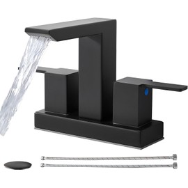 IKEBANA Matte Black Waterfall Bathroom Faucet, 4 inch 2 Handle 304 Stainless Steel Bathroom Sink Faucet, Modern Waterfall Spout Lead-Free Sink Faucets with Pop-up Drain and Supply Hoses
