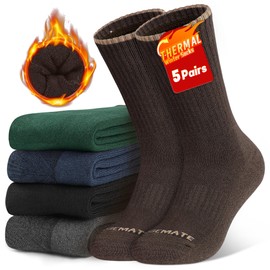 Closemate Mens Socks Cushioned Crew Sport Socks for Men Thick Warm Thermal Cotton Wicking Winter Socks for Walking Hiking Athletic Socks 5 Pairs (1Black 1DarkGrey 1Brown 1DarkBlue 1DarkGreen, Size L)