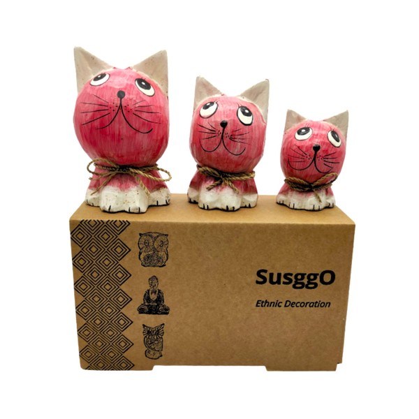 SusggO Wooden Cats Hand Carved Crafts Figures Decoration Lucky (Pink, White Detail, GRB) 3 Pack
