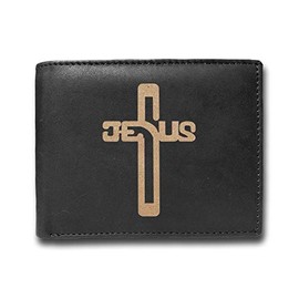Jesus Christ Cross Christianity Religion RFID Blocking Cowhide Leather Laser Engraved Slimfold Men Large Capacity Luxury Wallet Slim Black Credit Card Holder Organizer 14 Pocket