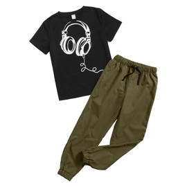 OXUBOAO Kids Boys Clothes Outfits Summer Short Sleeve T Shirts + Drawstring Waist Pants Set Black Tees Tops (Green, 8-10T)