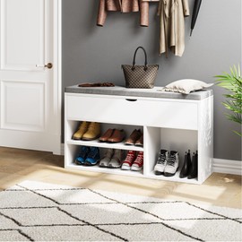 GAOMON Shoe Storage Bench, Rack with Comfortable Thickened Cushion, Ample Storage Space with Lift-up Storage Box and 2 Tiers Shoe Rack in White