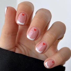 Red Love Heart Press on Nails Short Square Valentines Day Fake Nails with Small Red Love Heart Design White French Tip False Nails Valentine Love Glue on Nails Red Heart Stick on Nails for Women Girls