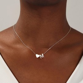 Turandoss Heart Initial Necklace for Women, 14K White Gold Plated Heart Initial M Dainty Necklaces Tiny Silver Necklaces Birthday Christmas Gifts for Women Jewelry