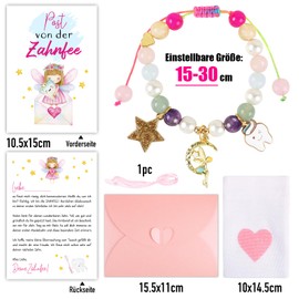 Zahnfee Geschenke Mädchen Armband Zahnfee Postkarte Perlenarmband Milchzahn Überraschung Geschenke Bunt Armbänder zum Einschlung Geburtstag Taufe Weihnachten Mutmacher für Tochter Nichte Patenkind