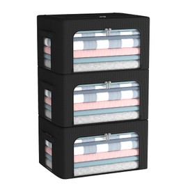 3Pack Foldable Storage Bins - Frame Storage Box Linen Fabric Stackable Clothes Container Organizer with Clear Window & Carry Handles Large Capacity (Small-22L, Black)