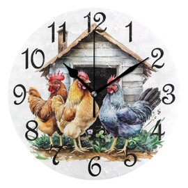 WEVIBOFU Chickens Wooden House Round Wall Clock Silent Non Ticking Rooster Bathroom Clocks 10 Inch Battery Operated Clock for Kitchen Living Room Bedroom Home Decor