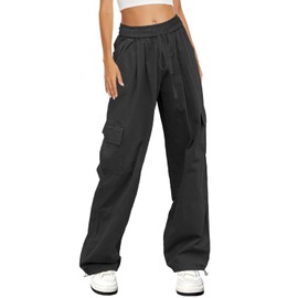 HVEPUO Womens High Waist Cargo Pants Y2K Wide Leg Cotton Baggy Hiking Pants Lightweight Elastic Waist Trousers with Pockets Black L